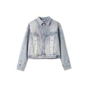 MSKIN6复古印花牛仔外套女秋冬短款高腰显瘦显高小个子阔腿裤套装