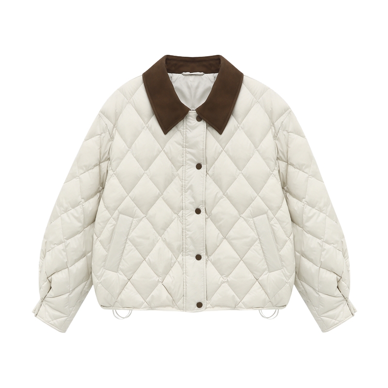 Basic House/百家好撞色菱格短款羽绒服2025冬翻领设计感纽扣外套