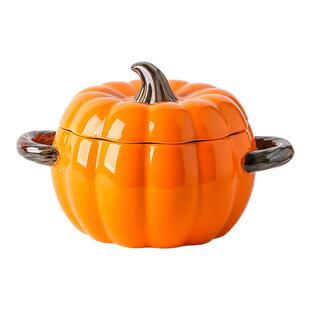 创意陶瓷南瓜汤锅家用 高颜值餐具双耳把手汤碗 带盖大容量南瓜碗