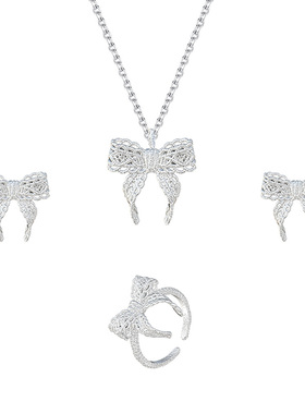 S925纯银在逃公主蝴蝶结耳钉项链戒指套装 轻奢小众设计感 锁骨链