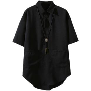 暗黑潮流山本耀司风中长款衬衫夏季发型师韩版修身薄款纯色衬衣男