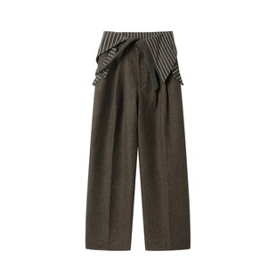半片花瓣 翻页条纹拼接飘带全衬羊毛西裤 复古撞色老钱直筒长裤