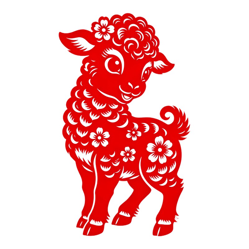 剪纸风小花羊窗花花卉卷毛纹样红色传统吉祥新年氛围防水装饰贴纸