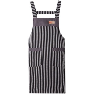 纯棉黑白竖条围裙厨房家用防污透气宽松裙服务员美甲奶茶店工作服