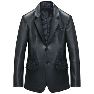 男士西服头层绵羊皮真皮皮衣男修身青年休闲职业单开叉西装外套柏