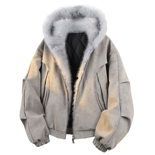 Wassup Shark座山雕毛领连帽皮衣夹克男女冬加厚保暖工装棉服外套