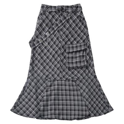 pinksavior格纹设计感鱼尾摆挂带长半裙春夏现货