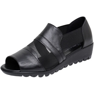 夏季中年女士洋气妈妈鞋子皮凉鞋女软底不累脚网纱真皮女鞋鱼嘴鞋