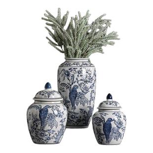 青花瓷蓝色鹦鹉鸟新中式花瓶玄关摆件博古架落地插花罐干枝可水培