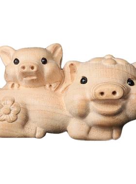 天然桃木富贵母子猪摆件实木雕刻家居公司办公桌书桌摆寅亥堂正品