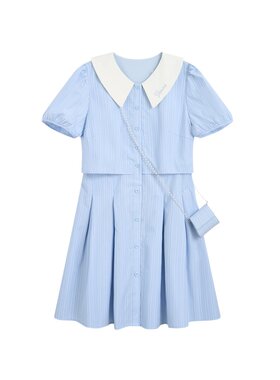紫涵蓝条翻领假两件连衣裙女2026夏季新款短袖单排扣收腰a字短裙