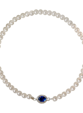 S家正圆强光奥白色珍珠项链女法式高档气质复古高级感蓝宝锁骨链