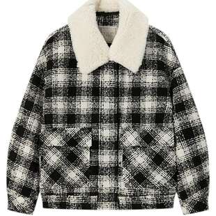 爱居兔经典黑白格纹呢大衣女冬季新款学院风夹克外套