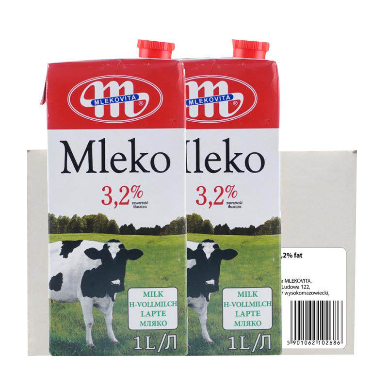【自营】Mlekovita波兰进口成人中老年全脂高钙纯牛奶1L*12盒整箱
