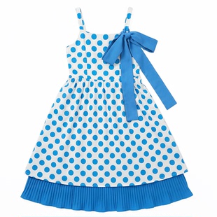 PINKWINK 春季港风复古波点吊带连衣裙女蓝色蝴蝶结显瘦大摆裙