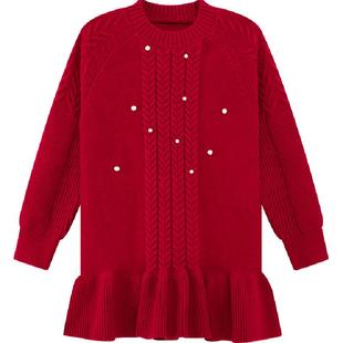 左西女童红色毛衣连衣裙拜年服儿童秋冬2025新款女孩冬季鱼尾裙子