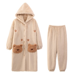 浪莎珊瑚绒情侣睡衣女秋冬季睡袍男士加绒加厚浴袍卡通可爱家居服