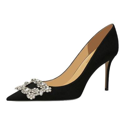 绝美高跟鞋女胖脚宽方扣真皮职业单鞋尖头细跟百搭大码女鞋41到43