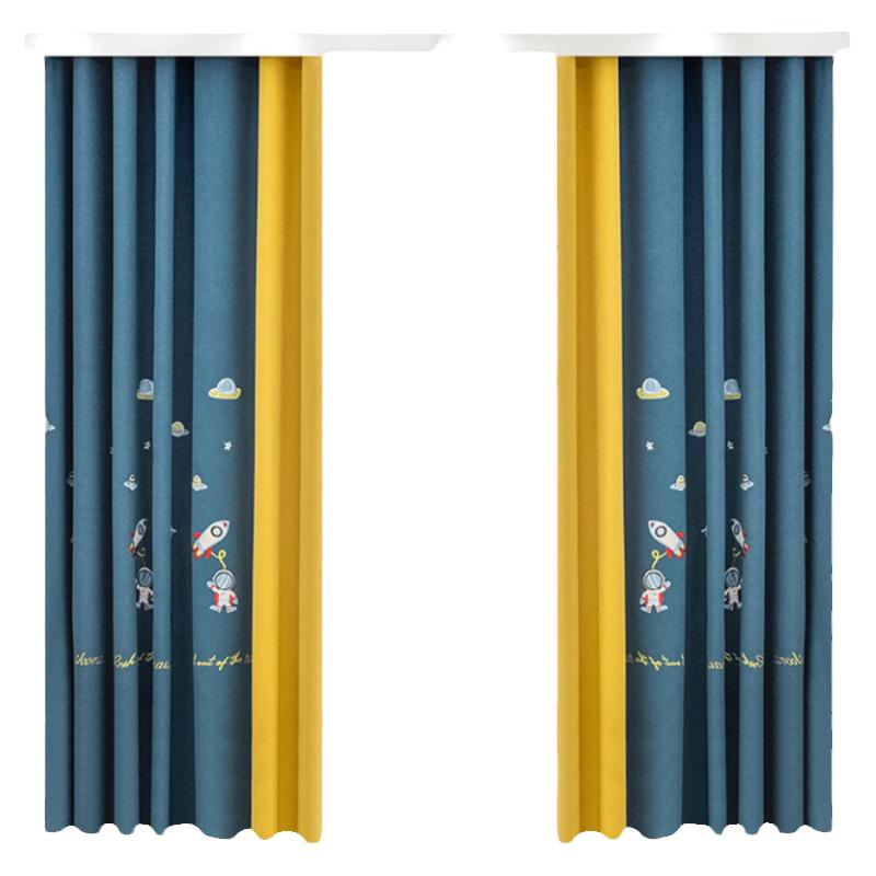 儿童房卧室飘窗动漫卡通太空人绣花全遮光窗帘成品男孩棉麻环保布