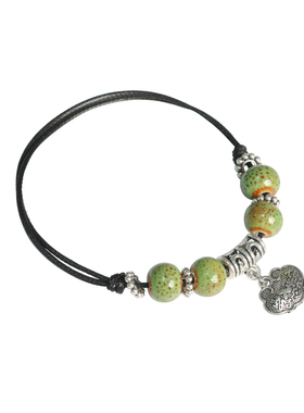 出入平安长命锁平安锁手链女民族风复古陶瓷串珠瓷珠手串可做脚链