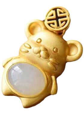 镀金镶嵌白玉蛋面镂空福寿老鼠清新工艺小巧精致文艺简单女款