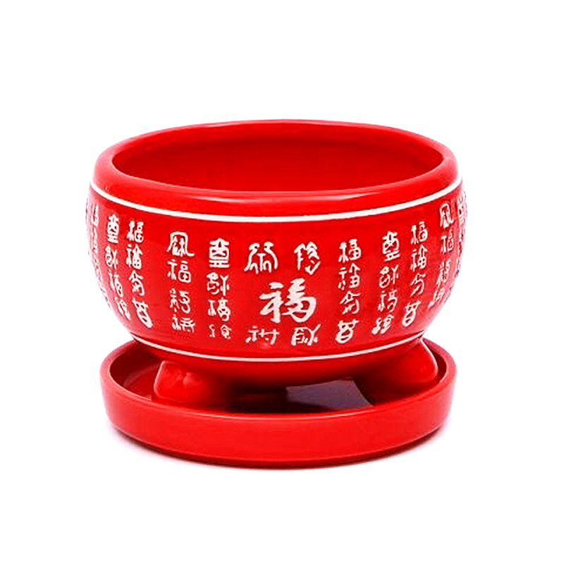 陶瓷中国风红色桌面三脚带托花盆