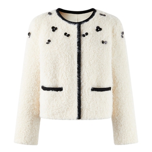 千金风撞色手工钉珠仿皮草2025年冬季新款通勤女装短款圆领外套