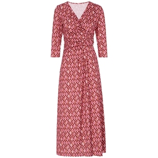 马天奴女装春秋新款红色醋纤混纺印花连衣裙V领收腰长裙好看裙子