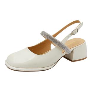 哈森玛丽珍女鞋夏季新款水钻后空单鞋女士粗跟包头凉鞋HM222550