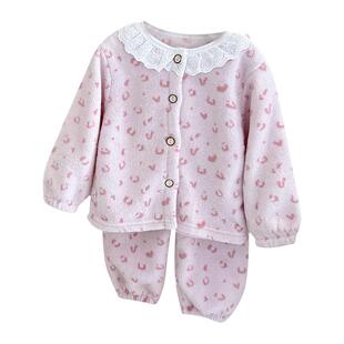 儿童家居服套装雪粒绒花边女童宝宝冬季开衫加绒加厚保暖睡衣套装