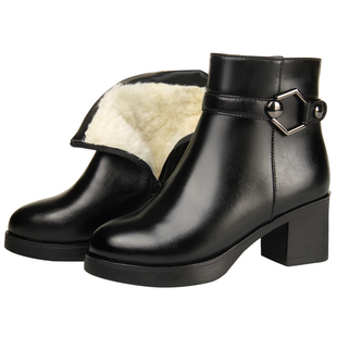 真皮靴子短靴女冬季加绒高跟妈妈棉鞋粗跟防滑加厚羊毛中老年皮鞋