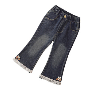 女童2025加绒牛仔喇叭裤儿童新款洋气花边裤子韩版一体绒休闲裤