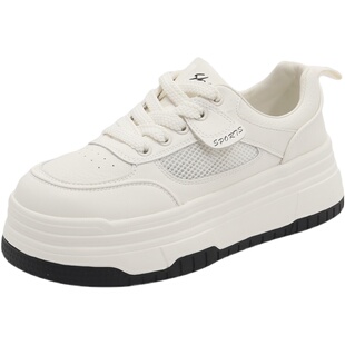 夏季镂空网面真皮小白鞋女2025爆款透气单网厚底增高系带休闲板鞋