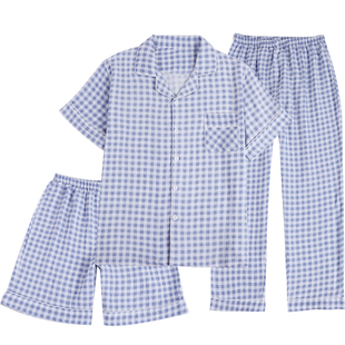 男睡衣夏天薄款纯棉纱布短袖短裤长裤三件套父亲节家居服格子夏季