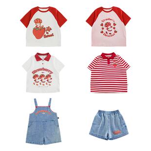 幼悠女童红色草莓系列夏季撞色罗纹POLO衫爱心纽扣背带短裤多件套