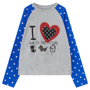 出逃赤岗西 复古爱心撞色波点插肩长袖T恤女春秋季宽松打底衫上衣