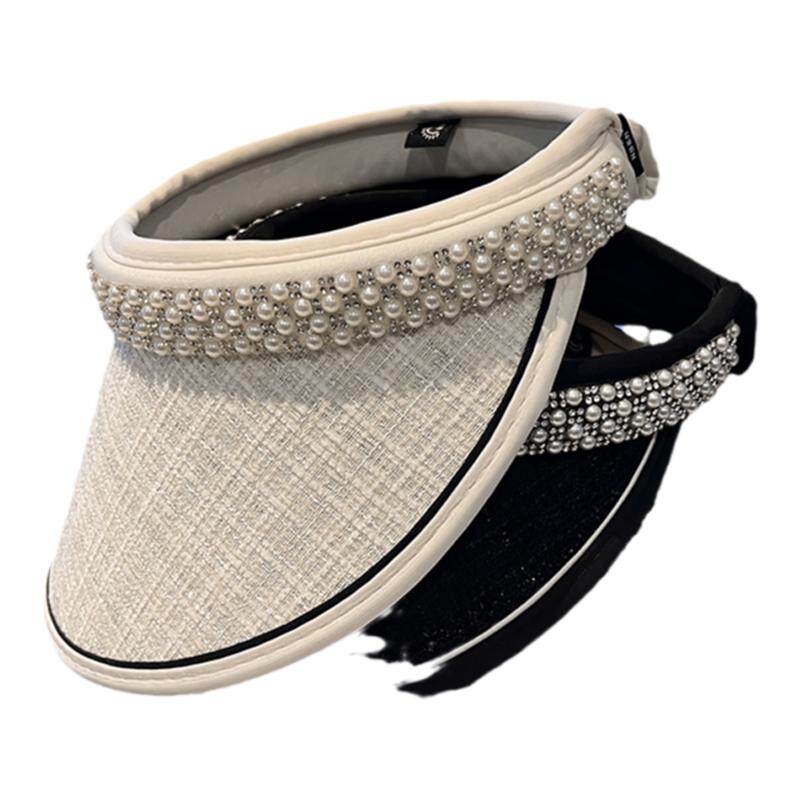 夏季新款防晒遮阳帽子女出游沙滩时尚珍珠空顶帽防紫外线太阳帽潮