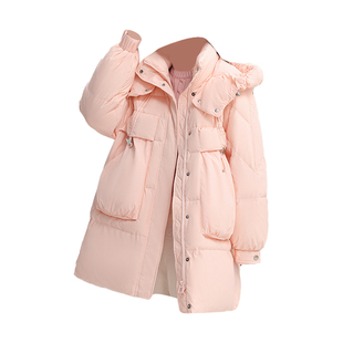 鸭鸭泡芙感羽绒服女冬中长款连帽大口袋韩版加厚轻盈保暖羽绒外套