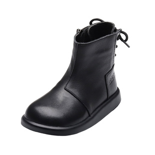 儿童真牛皮靴女童公主靴黑色短靴软底防滑女孩加绒男孩潮款马丁靴