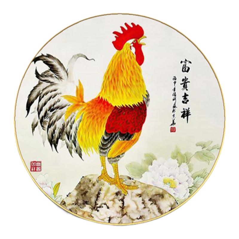 金雞報曉玄關(guān)裝飾畫新中式圓形大公雞掛畫雄雞圖客廳餐廳風水壁畫