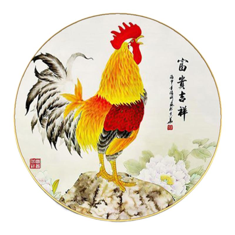 金鸡报晓玄关装饰画新中式圆形大公鸡挂画雄鸡图客厅餐厅风水壁画