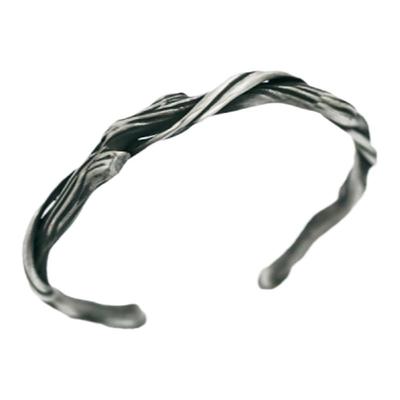 足银手镯开口男复古不规则格纹