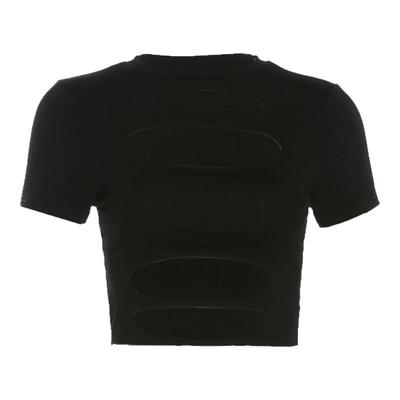 性感辣妹小众设计感黑色镂空短袖正肩T恤女显瘦修身百搭短款上衣