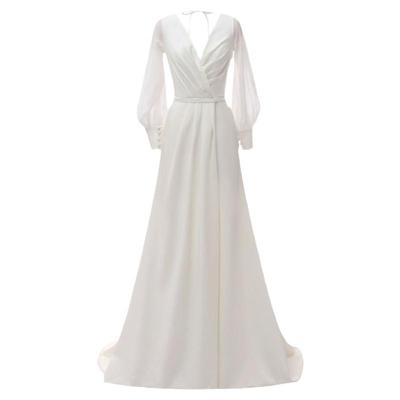Veils复古白色长袖拖尾婚纱