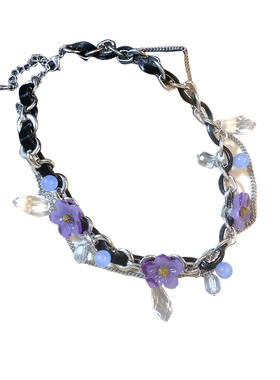 小众复古紫色花朵链条流苏项链女