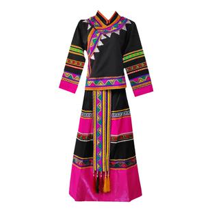 新款拉祜族女装玫红色筒裙长袖套装黑色佤族女装滇七彩民族服装