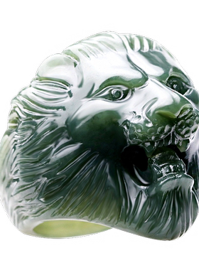 四通新疆和田玉戒指天然塔青玉狮子头板戒男款玉石醒狮王霸气饕餮