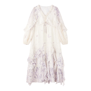 MISSCOCOON可可尼长袖印花裙子2025秋季新款荷叶边宽松V领连衣裙