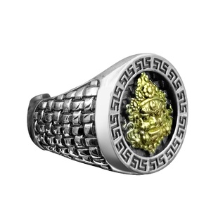 s925银霸气龙头纯银戒指男士潮人复古国潮六字真言黄财神开口指环