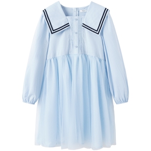 巴拉巴拉女童连衣裙大童宝宝学院风蓝色裙子春秋新款儿童公主纱裙